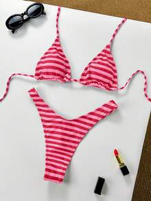 Women Vacation Stripe Printed Basic Swimwear For Summer Days From Poolside To Beachside, Everyday Mini Triangle Cheeky Bikini Beachwear - Red - View 2