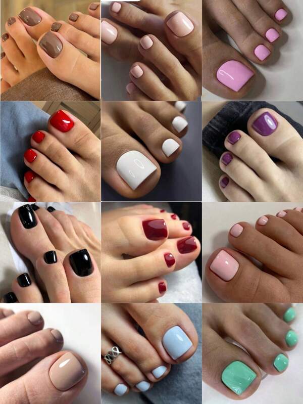 12Colors288PCS Press On Toe Nails Glossy, Short Square Fake Toe Nails Full Cover, Acrylic False Toenails For Feet,Spring Summer Nails, Red Black Color Fake Toenails For Women Decor