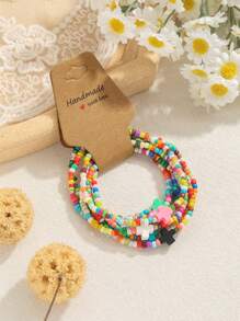 7pcs/Set Minimalist Multi-Color Rice Pearl Beaded Cross Elastic Women Bracelet Set/Couple Bracelet, Suitable For Daily Wear - Multicolor - View 6