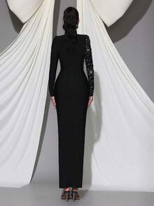 Modphy New Black Sexy Pleated Heavy Pearl Decorated Long Sleeve Fitted Long Tube Dress Wedding Party Evening Gown - Black - View 6