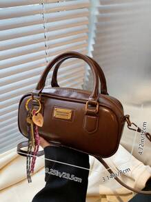 新款软皮波士顿手提包，配毛绒装饰吊饰，大容量单肩包，适合全年通勤，秋冬季 - 咖啡 - 查看 5