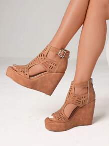 Summer Platform Wedges High Heels Women Sandals Hollow Out Fashion Thick-Soled Vacation Minimalist Bohemian Zip Comfy Shoes - 棕色 - 查看 2