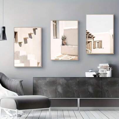 Bộ 3 tranh vải canvas kiến trúc tối giản - Tranh treo tường hiện đại không khung, tông màu trắng trung tính và be cho phòng khách, văn phòng, quán cà phê, vải canvas chống thấm nước có khả năng tái tạo màu sắc cao, tranh treo tường vải canvas cỡ lớn