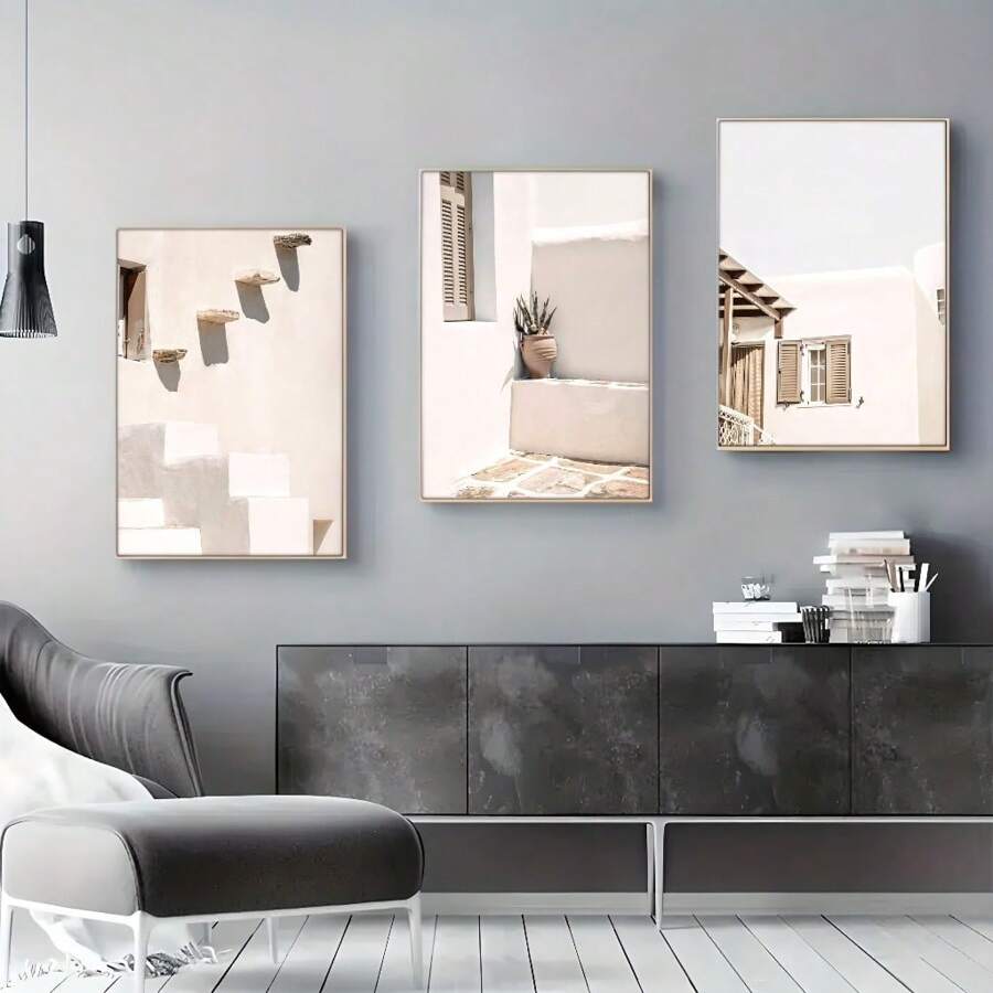 3 件套极简主义建筑帆布艺术套装 - 现代无框墙面装饰，中性白色和米色色调，适用于客厅、办公室、咖啡厅、防水帆布，色彩还原度高，大型帆布墙面艺术