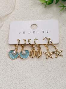 3 对女士金色海星贝壳耳环套装，14k 镀金时尚波西米亚海洋系列贝壳海星耳环套装，适合海滩度假佩戴、夏季珠宝、珠宝礼物 - 3pairs - 查看 3