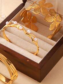 Creative And Fashionable Flower Bracelet Set, Women's Pearl Bracelet, Light Luxury Material Light Titanium Steel Countryside Style Open Bracelet, Party Jewelry Best Friend's Gift