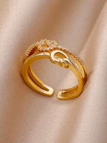 1 件精致双层结戒指女士 18K 镀金不锈钢开口可调节戒指订婚结婚珠宝时尚配饰情人节礼物