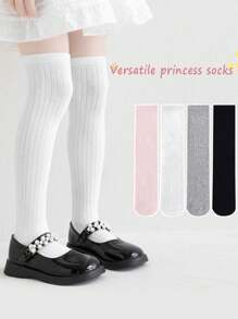 1双/4双儿童平头条纹过膝袜，公主风长筒袜，适合女童，四季百搭，秋冬 - 彩色 - 查看 1