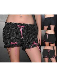 Women's Puffy Shorts Dot Pattern Bow Design Ruffled Low Rise Ruffle Shorts For Summer Vacation - Black - View 2