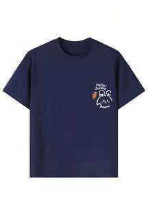 1pc Tween Girl 8-14 Years Double-Sided Bunny Print Short Sleeve T-Shirt, Summer - Navy Blue - View 2