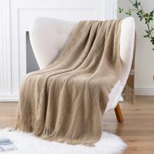 Tan Throw Blanket For Couch Sofa, Boho Decorative Throw Blanket With Fringe, Taupe Knitted Blanket Throws, Home Decor, 50"X60"