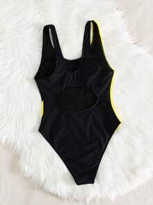 Women's Contrast Color Patchwork Sleeveless One-Piece Swimsuit, Suitable For Beach Resort - Yellow - View 3