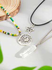 3pcs/Set Vintage Bohemian & Hippie Style Asymmetrical Crystal Pendant & Bead Necklace, Women Daily & Vacation Decorative Jewelry Set (Crystal Shape & Size May Vary)