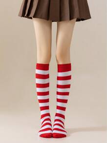 1双/包 女士日式条纹长筒袜 COSPLAY 动漫派对角色扮演条纹少女长筒袜，Y2K风格，舒适袜子