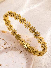 Vòng tay thép titan mới với hoa cúc nhỏ, trang sức thép không gỉ cao cấp, phụ kiện thép không gỉ thời trang cho mùa hè - Vàng - Xem 6