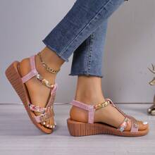 Sandal Wanita Hak Wedges Bohemian dengan Hiasan Berlian Imitasi dan Pita Elastis, Model Slip-On untuk Aktivitas Luar Ruangan dan Pantai - Berwarna merah muda - View 4