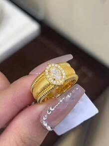 小众设计，复古鸽子蛋戒指，女款拉丝珠闪耀水钻宽面，拉丝戒指，小众时尚设计，百搭戒指，时尚高级感，优雅手链，女士日常派对配饰，时尚首饰，闺蜜礼物 - 金色 - 查看 9