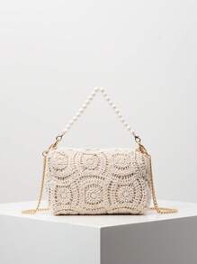 花卉镂空编织沙滩钱包、金属链斜挎包、女士仿珍珠手提包、女士优雅包包、婚礼用品、迷人晚装手拿包、节日必备品、派对礼服配饰（图案随机） - 杏色 - 查看 2