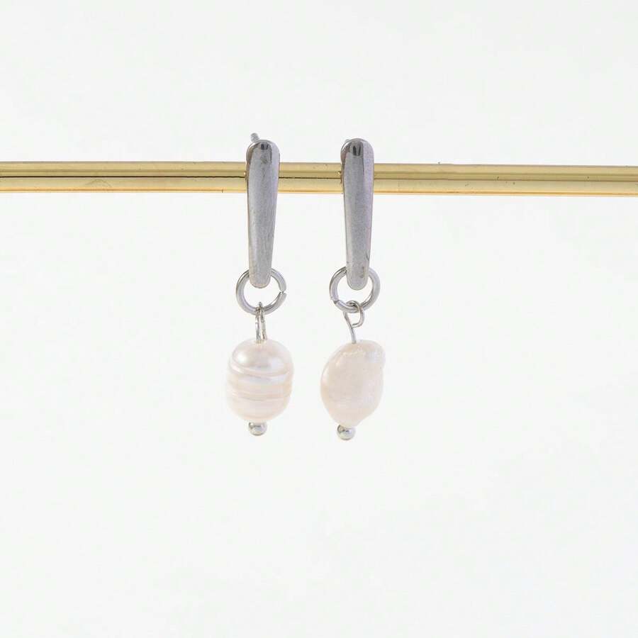 1 对巴洛克珍珠和金属条吊坠耳环，银色/金色，优雅、精致、简约、时尚，适合日常佩戴、生日、周年纪念、约会、派对、度假 - 銀色 - 查看 1