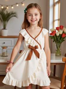 女孩优雅荷叶边领蝴蝶结拼接无袖连衣裙，百搭，适合上学和户外玩耍，夏季 - 杏色 - 查看 3