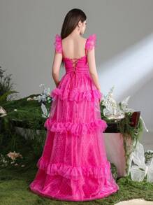 Teen Girl Polka Dot Mesh Ruffle Trimed Spaghetti Strap Extra Long Party Prom Dress - Màu Hồng Tươi - Xem 3