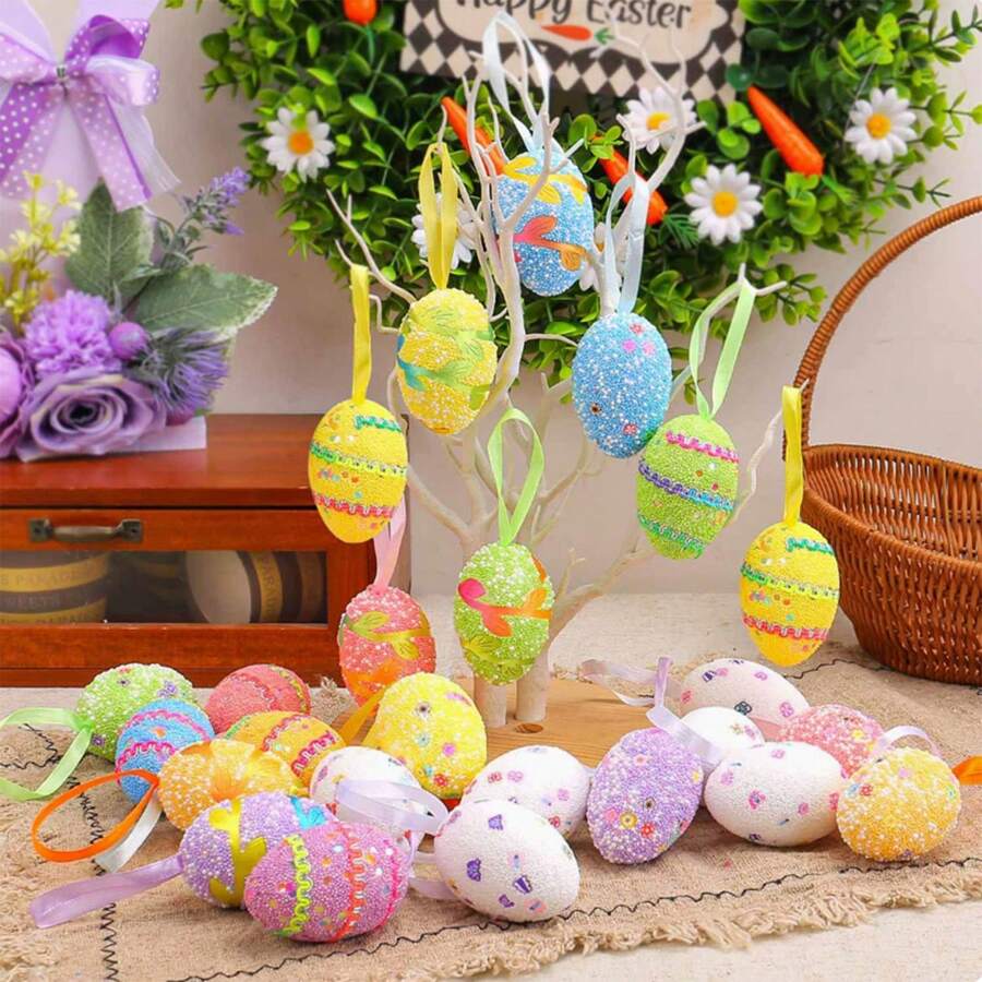 6 Piezas Decoración colgante de huevos de espuma de Pascua, adecuados para la decoración del hogar, decoración de fiestas de cumpleaños de primavera, accesorios con forma realista de huevo necesarios para la decoración casera, regalos de Pascua, con varios estilos como rayas, patrones de vid, pequeños patrones de flores, patrones de mariposa, etc.