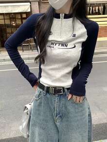 女式常规肩长袖 T 恤，修身拉链设计，休闲时尚，适合日常穿着
