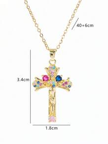 1件装百搭简约圣母玛利亚吊坠项链，女士个性化简约十字架首饰设计（彩色水钻随机） - 銀色 - 查看 6