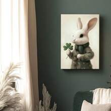 1pc St. Patrick's Day Framed Canvas Wall Art Poster Realism Surrealism Green Neutral A White Rabbit Holding A Four Leaf Clover Wall Art For Living Room Bedroom Bathroom Kitchen Apartment Hotel, Artful Home Decoration - Framed, Vertical