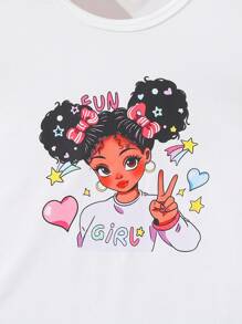 2pcs/Set Summer Girls Casual Cute Cartoon Printed Round Neck Short Sleeve T-Shirt And Denim Shorts Set - White - View 3