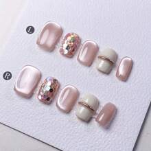 10 件装手工方形短指甲套装，粉色亮面，带闪光和猫眼装饰，含粘合片，按压式指甲