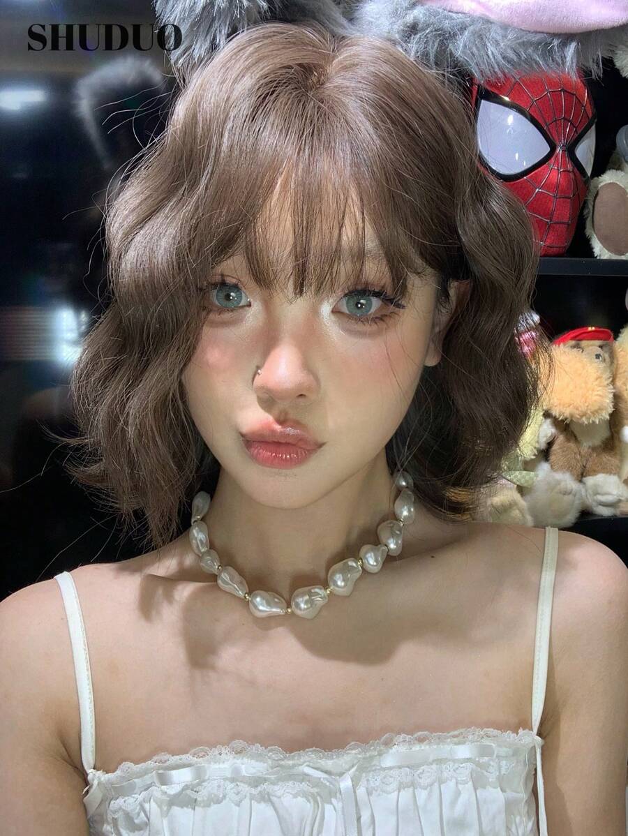 SHUDUO 1 件合成耐热短波假发棕色假发，12 英寸，带刘海，由纤维制成，适合日常使用，自然逼真的假发（不含配件）