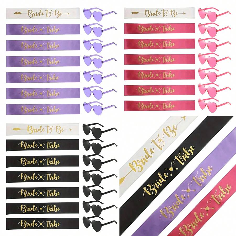 7/14pcs Bride To Be Gift Set, Polyester Bride Tribe Sashes With Heart Glasses, Bridal Shower & Wedding Party Supplies, Bridesmaid Appreciation Present - Multicolor - View 1