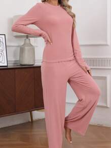 2 Pcs Pajama Set: Soft & Stretchy Milk Silk Women Home Suit, Comfortable Spring/Summer/Autumn Sleepwear, Two Pieces Set - Dusty Pink - View 8