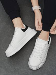 Men's Classic Black & White Contrast Color Block Lace Up Casual Sneakers, Niche Fashion Letter Print Comfortable Elevator Shoes, Couple Shoes, For Active Jeans Outfit - White and Black - View 6
