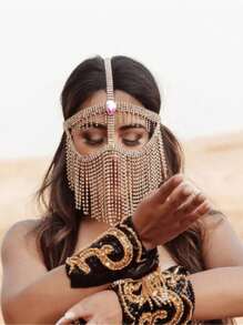 Cuier 1PC Crystal Rhinestone Mask For Women Long Fringe Head Face Chain Headpiece Jewelry For Party - Crystal Gold - View 7
