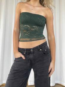 Women Lace Tube Top Without Bra  Y2k Floral Lace Sheer Mesh Strapless Bandeau Crop Tops Sexy Backless Sleeveless See Through Going Out Tops Off Shoulder Vests Shirts Vintage Aesthetic Clothes Streetwear - xanh quân đội - Xem 3