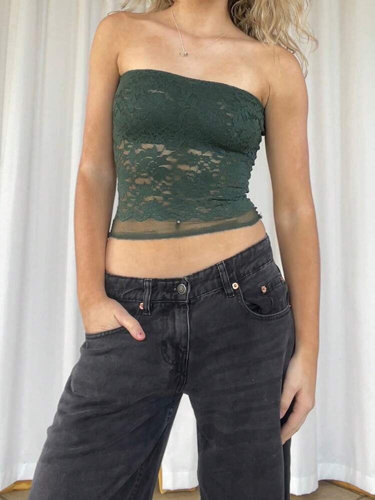 Women Lace Tube Top Without Bra  Y2k Floral Lace Sheer Mesh Strapless Bandeau Crop Tops Sexy Backless Sleeveless See Through Going Out Tops Off Shoulder Vests Shirts Vintage Aesthetic Clothes Streetwear - 軍綠色 - 查看 3