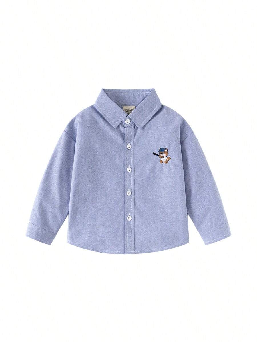 Young Boy Spring Casual Embroidery Long Sleeve Button Front Shirt - Blue - View 1