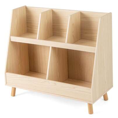 Lifezeal Estantería de madera con 5 cubos para niños y organizador de juguetes con patas de madera en color natural, blanco y beige