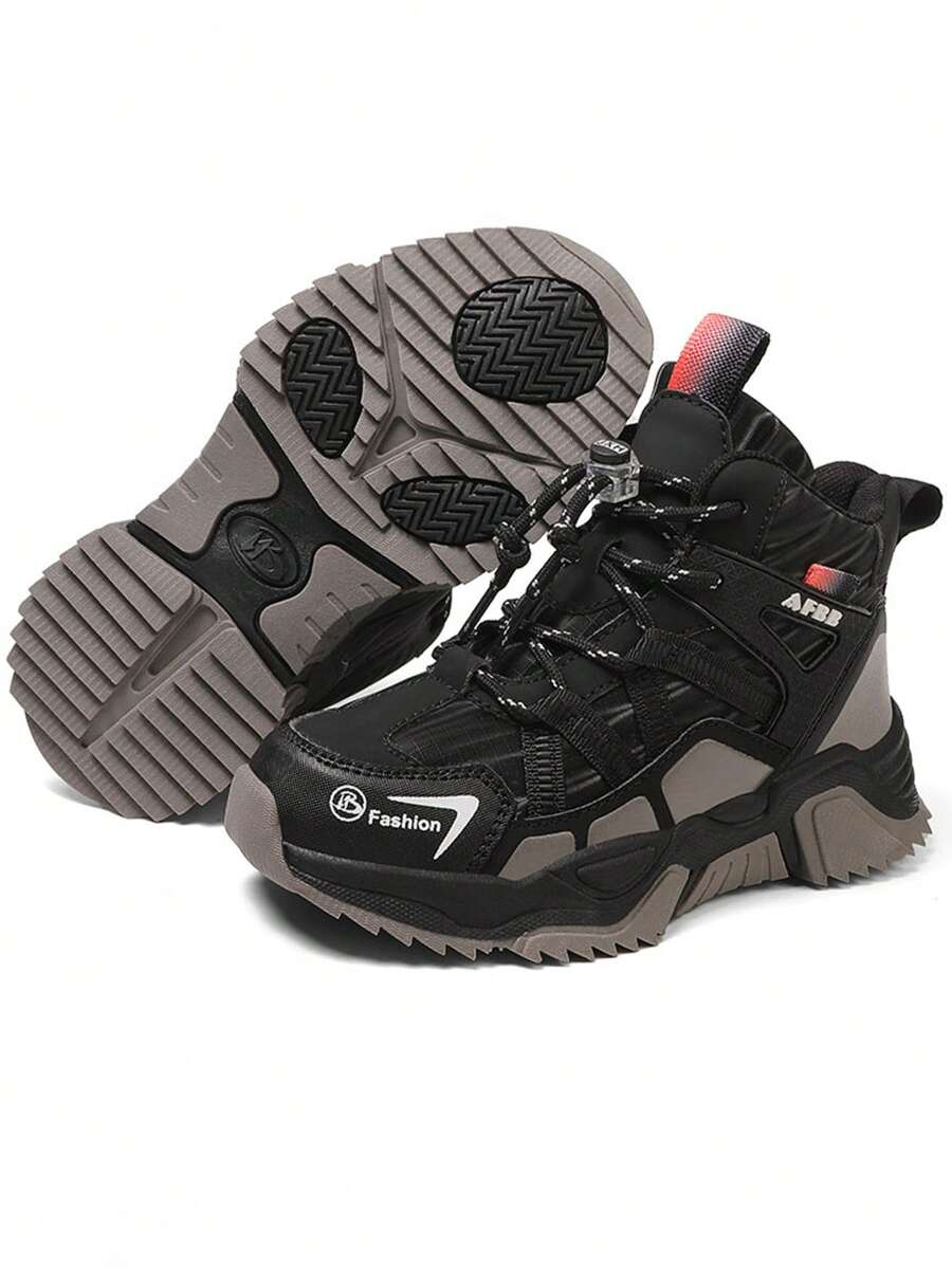 男童皮革户外徒步鞋，防滑全季休闲运动鞋，适合日常穿着，青少年软底徒步鞋 - 黑色 - 查看 1