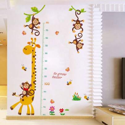 1 pieza Lindo adhesivo de pared de animales de dibujos animados mono y jirafa para medir la altura, adhesivo medidor de altura de dibujos animados creativos para habitación, autoadhesivo y removible, calcomanía de pared, calcomanía de vinilo para decoraciones del hogar, artículos de decoración de primavera para refrescar tu hogar