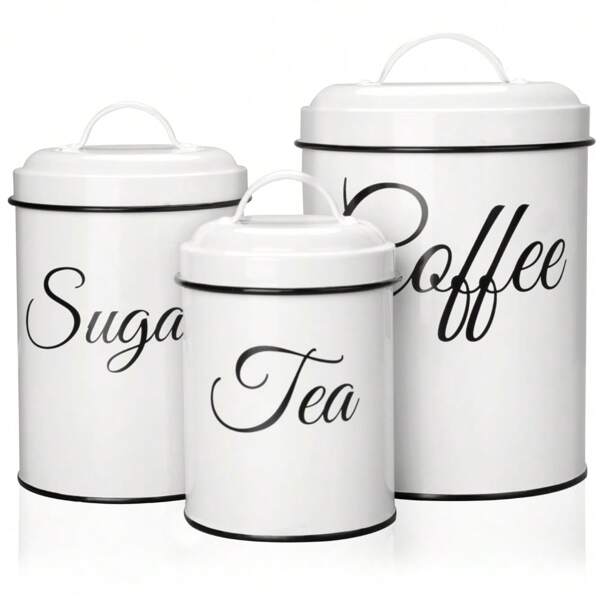 Canister Sets For Kitchen Counter, Coffee Tea Sugar Canister Set, Airtight White Food Storage Jars With Lids, Rustic Farmhouse Kitchen Decor, 3 Pcs