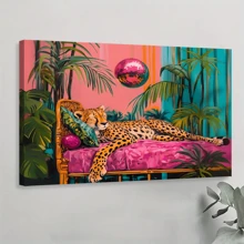 1pc Framed Canvas Poster, Cheetah Sleeping Under A Disco Ball Pink Wall Art Canvas Paintings, Ideal Gift For Bedroom Living Room Corridor, Wall Art, Room Decoration - Multicolor - View 1