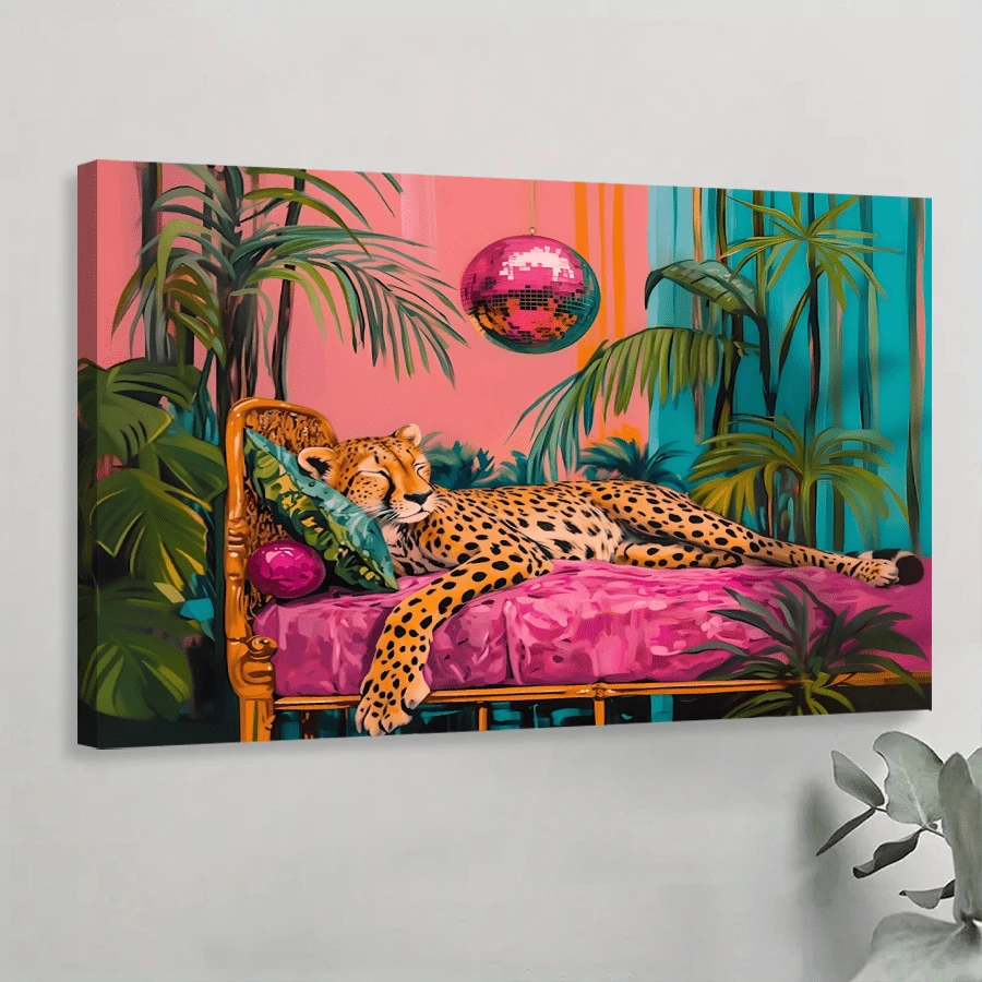 1pc Framed Canvas Poster, Cheetah Sleeping Under A Disco Ball Pink Wall Art Canvas Paintings, Ideal Gift For Bedroom Living Room Corridor, Wall Art, Room Decoration - Multicolor - View 1