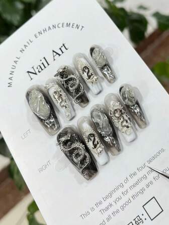 10 st handgjorda lyxiga drakeskaliga nagelklistermärken, svarta avtagbara långa drake exklusiva nageldekorationer tryck på naglar nageltillbehör naglar