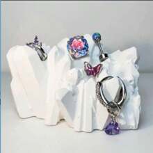 5 件套玫瑰色钻石钛钢闪亮耳环、耳饰配套、蝴蝶耳环、紫色心形耳饰耳环套装