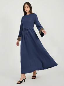 女士时尚提花拼接喇叭袖连衣裙，端庄