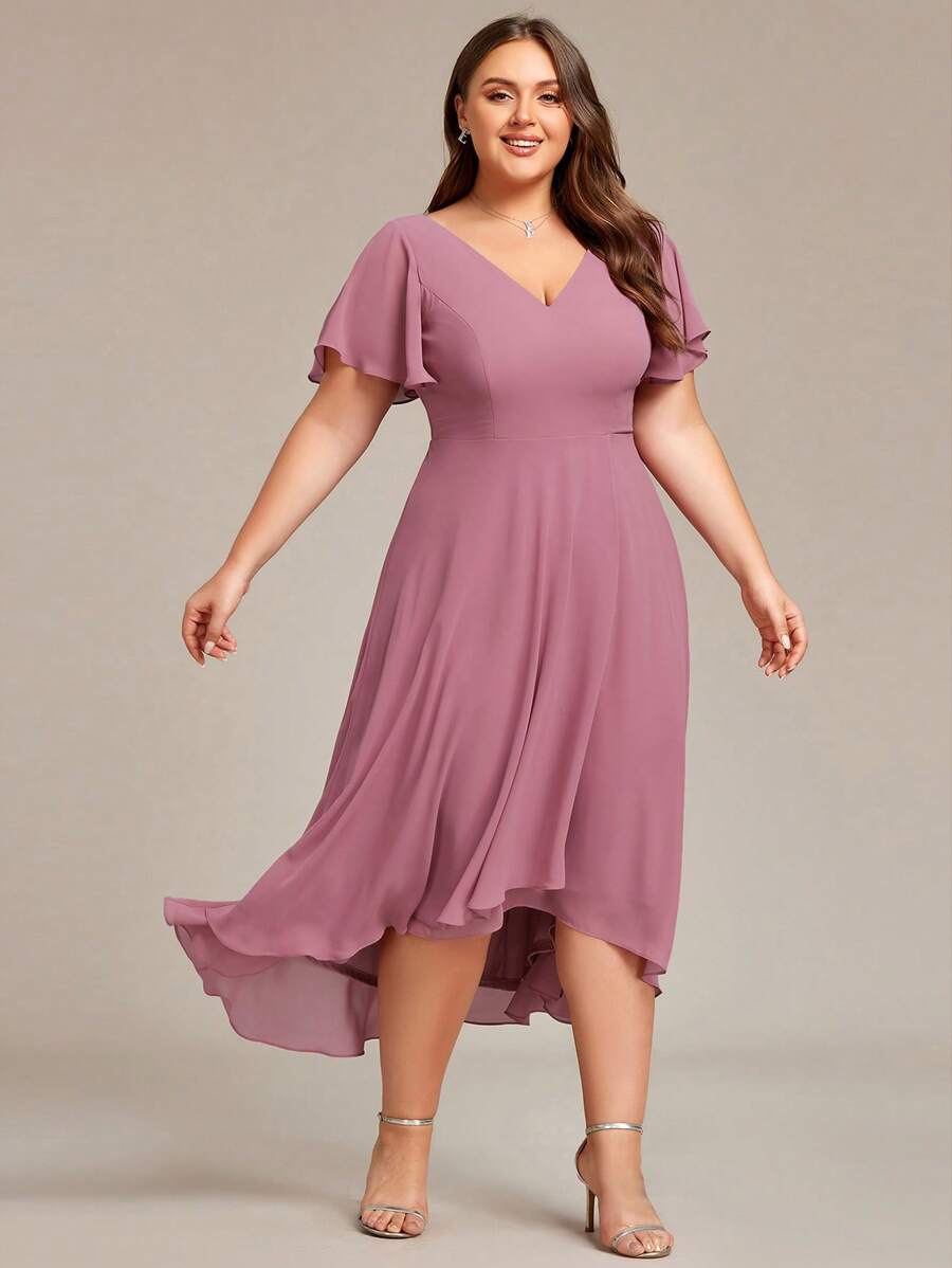 EVERPRETTY Plus Size Elegant High Low Flowing Chiffon V-Neck Ruffle Sleeves Bridesmaid Dress - Dusty Pink - View 1