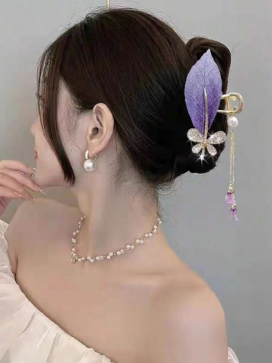 1pc Purple Leaf Tassel Pearl Crystal Hair Claw Clip, Suitable For Daily Wear